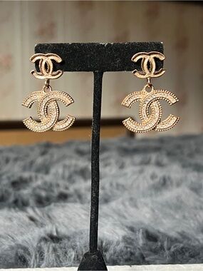 CHANEL Rose Gold Double CC Drop Earrings with Crystal Accents
